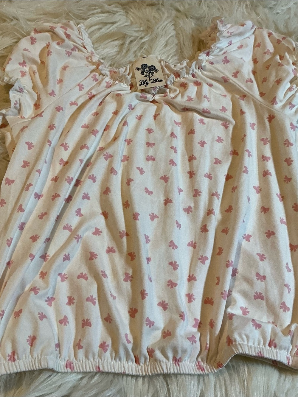 Lily Bleu Off White Pink Bows Ruffle Sleeve Top Girls 6X